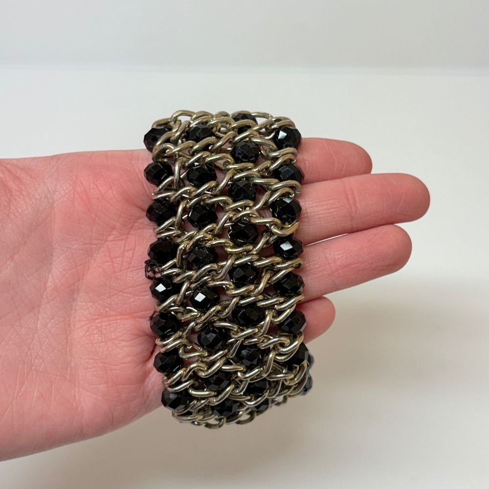 Black Crystal Woven Chain Maille Wide Band Stretch Ring Silver Tone